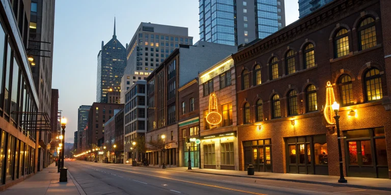 Various types of outdoor business signs illuminating a downtown street.