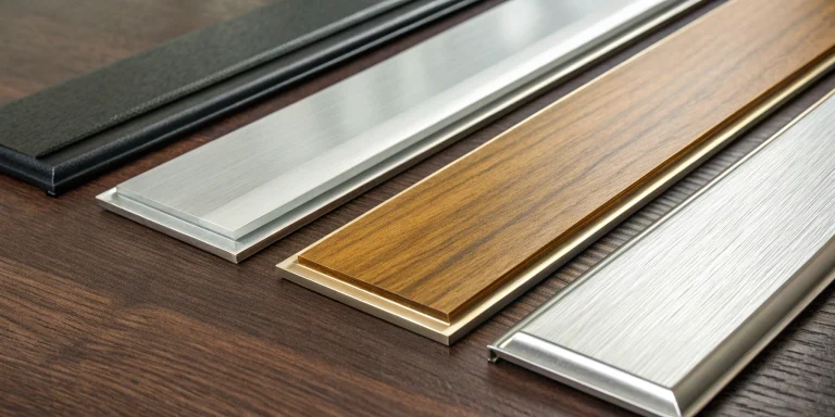 Metal, wood, and acrylic material samples for custom business door signs.