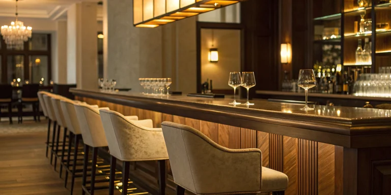 A modern bar with an illuminated counter, a perfect setting for business bar signs.