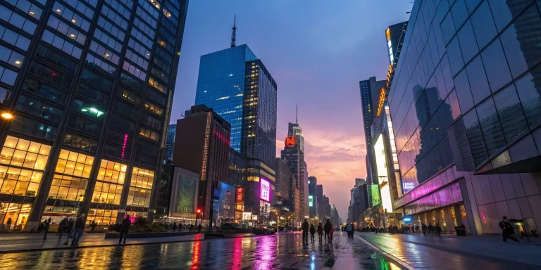 A variety of lighted business signs making brands visible on a city street at night.