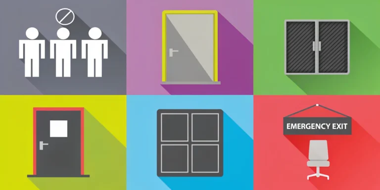 A collage of 7 essential office signs for a safe and organized workspace.