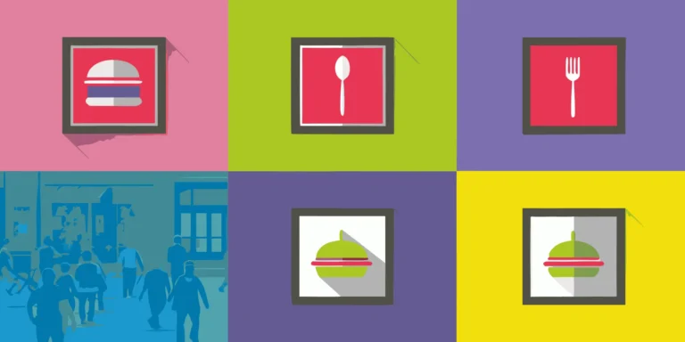 A collection of colorful and effective restaurant signs with modern branding and food icons.