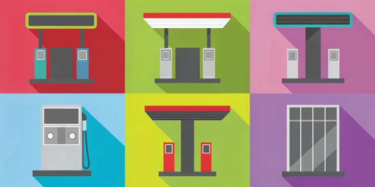 An assortment of essential gas station signs, including price displays, brand pylons, and safety icons.